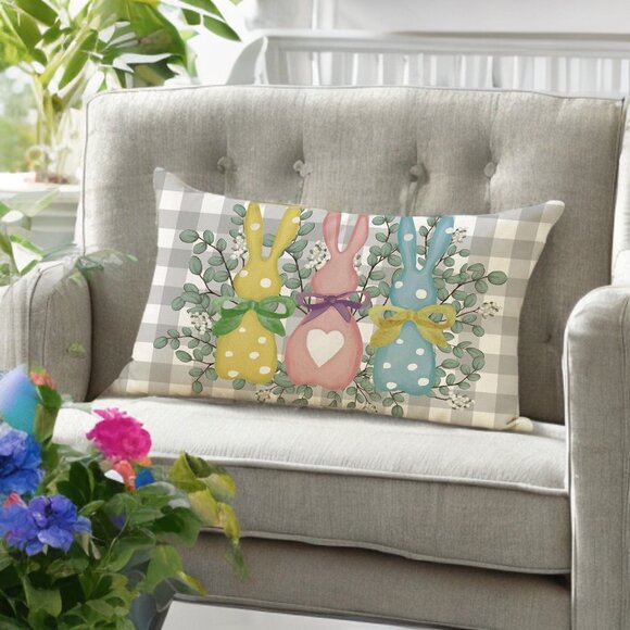Easter Bunny Decorative Pillow Cover Lumbar Accent Spring Decor Throw Case 12x20 - Picture 4 of 5
